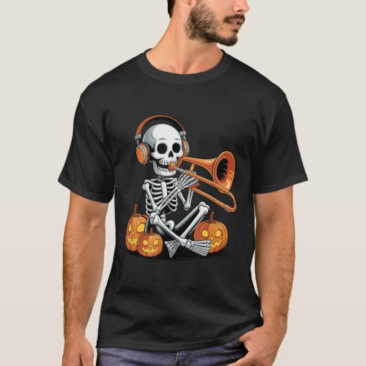 ハロウィンのスケルトントロンボーン奏者 Tシャツ (正面)