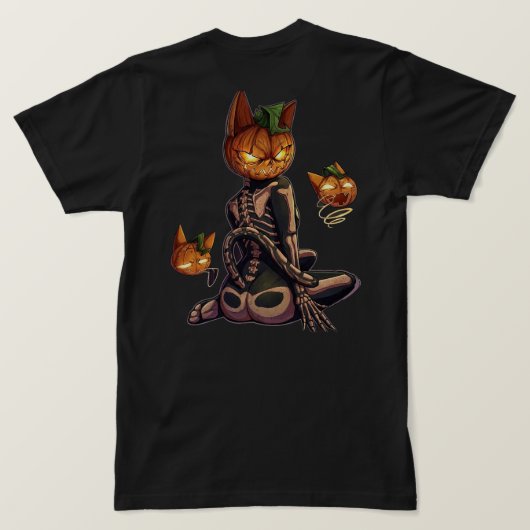 ハロウィンのスケルトン猫のかぼちゃ Tシャツ (デザイン裏面)
