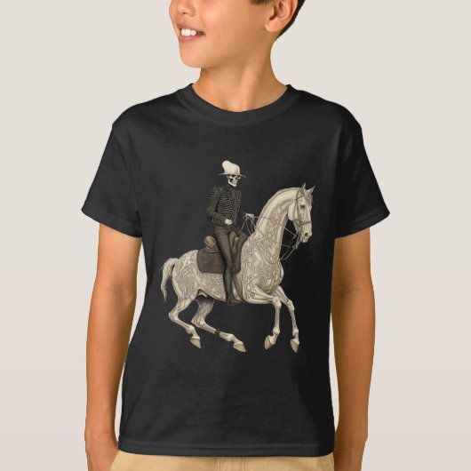 ハロウィンのスケルトン騎馬カウボーイ馬好き Tシャツ (正面)