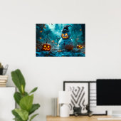 ハロウィンのスノーマンがいるカボチャ畑 ポスター (ホームオフィス)