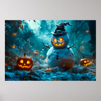 ハロウィンのスノーマンがいるカボチャ畑 ポスター