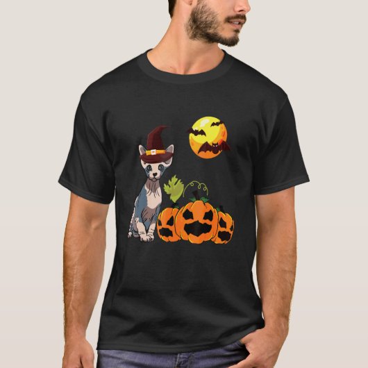 ハロウィンのスフィンクス猫 無毛猫用 Tシャツ (正面)