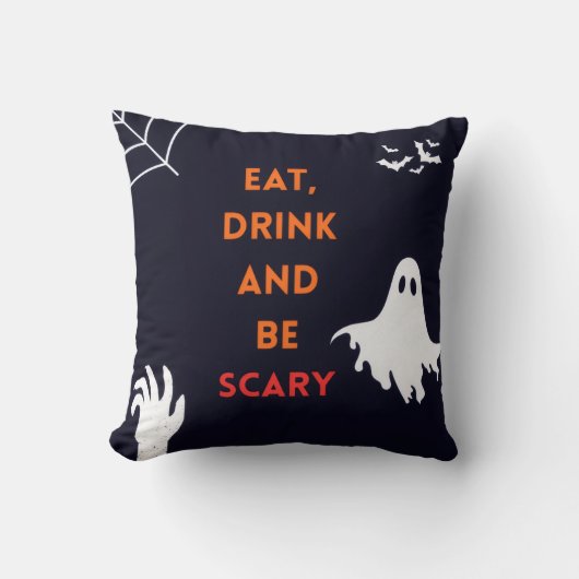 ハロウィンのスロー枕「食べて、飲んで、怖がって」 クッション (正面)