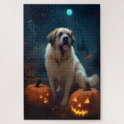 ハロウィンのセントバーナードとかぼちゃの怖いデザイン ジグソーパズル (縦)