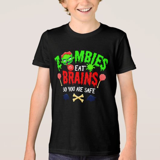 ハロウィンのゾンビが脳みそを食べる お前は安全だ トライブレンドTシャツ (正面)
