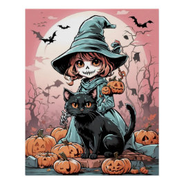 ハロウィンのゾンビ魔女と黒猫のポスター ポスター