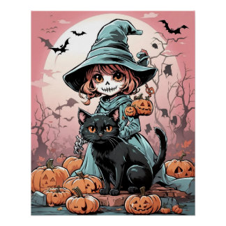 ハロウィンのゾンビ魔女と黒猫のポスター ポスター