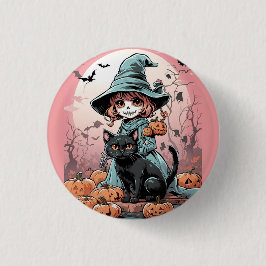 ハロウィンのゾンビ魔女と黒猫 バッジ