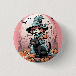 ハロウィンのゾンビ魔女と黒猫 バッジ