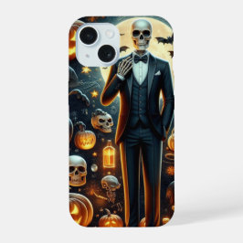 ハロウィンのタキシードスケルトンとカボチャとオバケ iPhone 15ケース