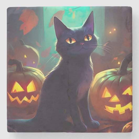 ハロウィンのタキシード猫とかぼちゃの怖いデザイン ストーンコースター (正面)