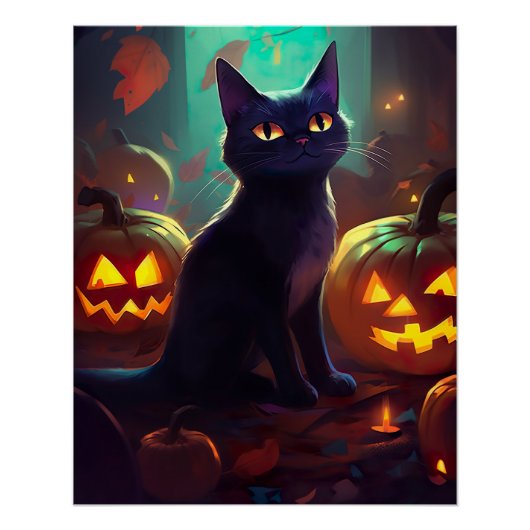 ハロウィンのタキシード猫とカボチャの怖いデザイン ポスター (正面)