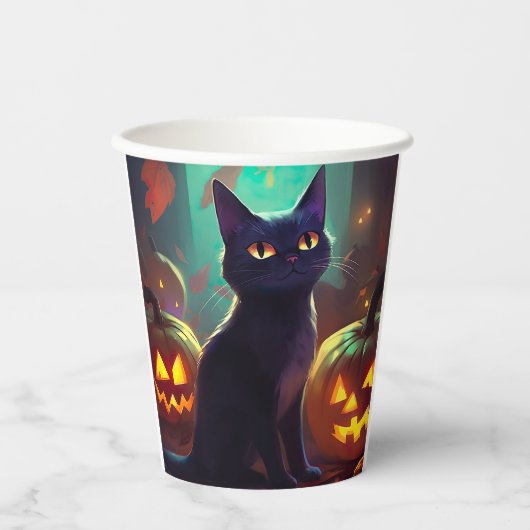 ハロウィンのタキシード猫とカボチャの怖いデザイン 紙コップ (正面)