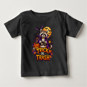 ハロウィンのタヌキの吸血鬼 トリック・オア・トラッシュ 幼児服 ベビーTシャツ