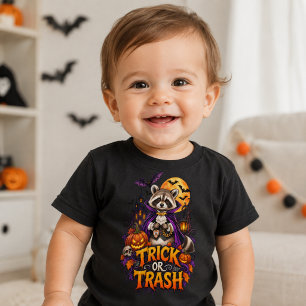 ハロウィンのタヌキの吸血鬼 トリック・オア・トラッシュ 幼児服 ベビーTシャツ