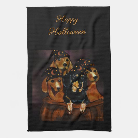 ハロウィンのダックスフント キッチンタオル (縦)