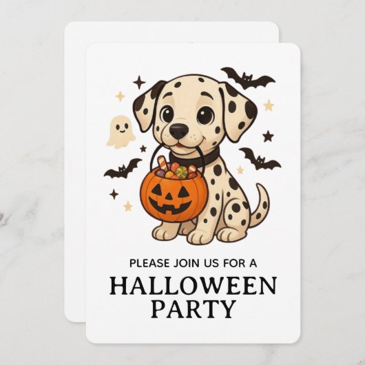 ハロウィンのダルメシアンの犬のトリックオアトリートパーティー 招待状 (正面/裏面)