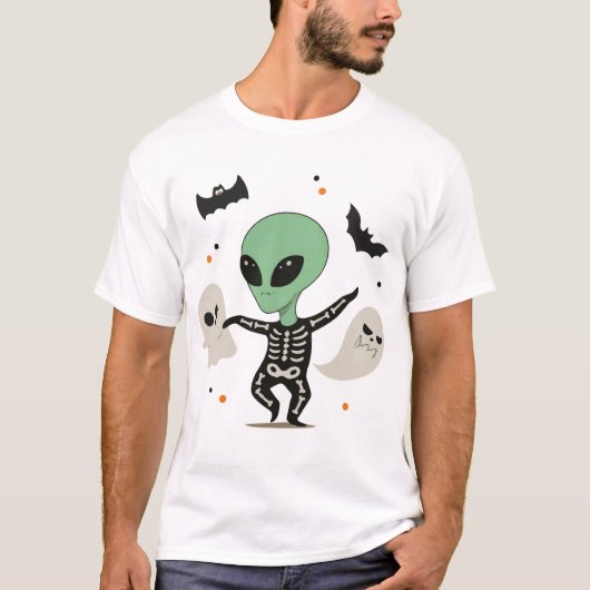 ハロウィンのダンシングエイリアンスケルトンとゴースト Tシャツ (正面)