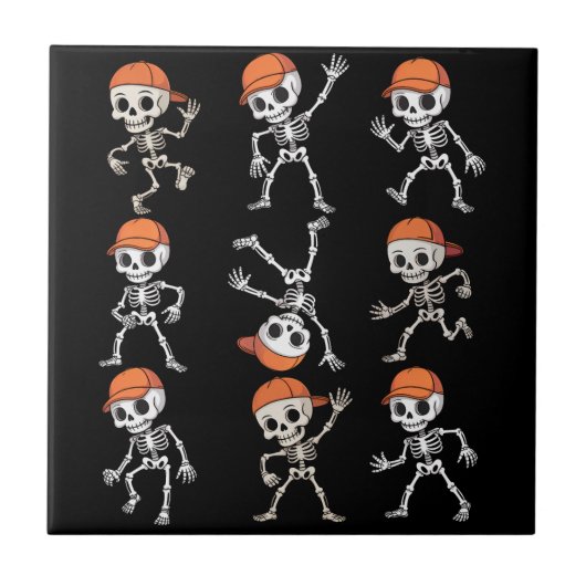 ハロウィンのダンスする子供のスケルトン タイル (正面)