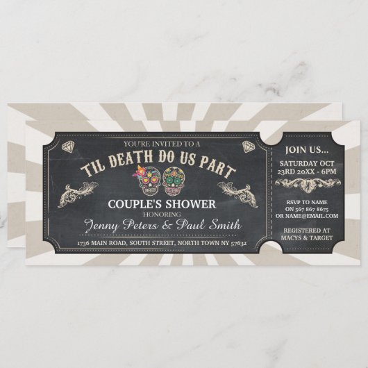 ハロウィンのチケットのカップルのシャワーの砂糖のスカル 招待状 (正面/裏面)