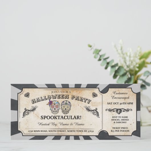 ハロウィンのチケットのスカルによっては不気味なスクロールイベントがパーティを楽しみます 招待状 (スタンド正面)