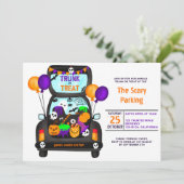 ハロウィンのトランク・オア・トリートの車のイラストパーティ 招待状 (スタンド正面)