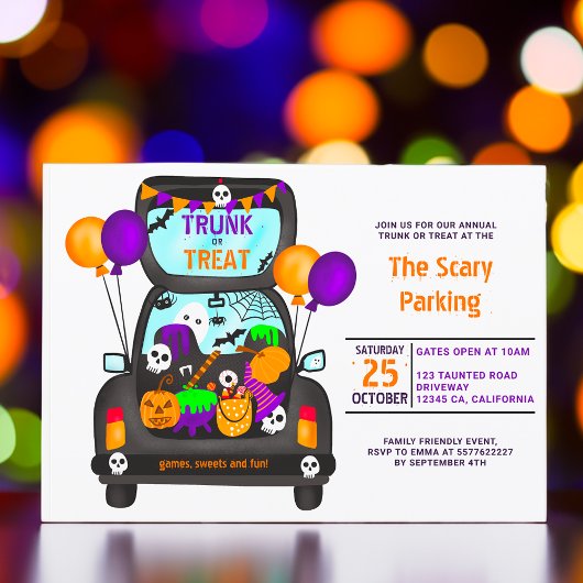 ハロウィンのトランク・オア・トリートの車のイラストパーティ 招待状
