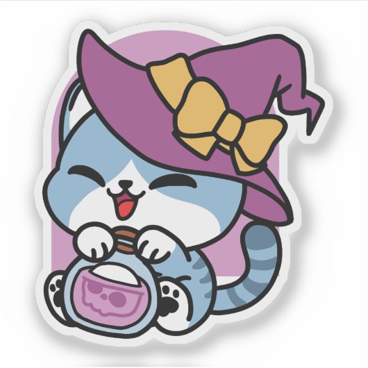 ハロウィンのトラ猫 - 魔女の帽子とポーションアート シール (正面)