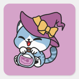 ハロウィンのトラ猫 - 魔女の帽子とポーションアート スクエアシール
