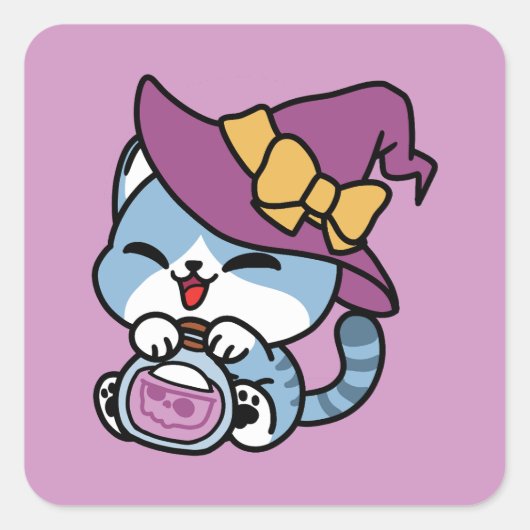 ハロウィンのトラ猫 - 魔女の帽子とポーションアート スクエアシール (正面)