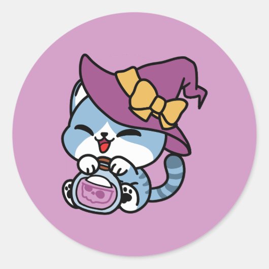 ハロウィンのトラ猫 - 魔女の帽子とポーションアート ラウンドシール (正面)