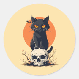 ハロウィンのドクロ上の黒猫 ラウンドシール