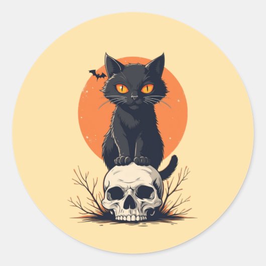ハロウィンのドクロ上の黒猫 ラウンドシール (正面)