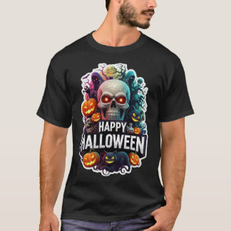 ハロウィンのドクロ カボチャ ネコ Tシャツ