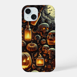 ハロウィンのドクロ、コウモリ、木、かぼちゃ iPhone 15ケース