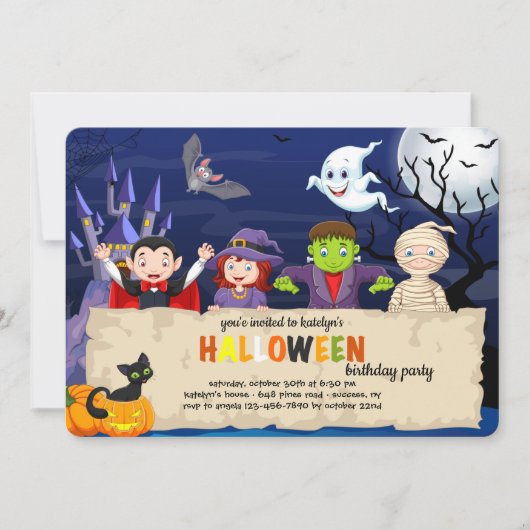 ハロウィンのドレスアップ誕生日パーティー 招待状 (正面)
