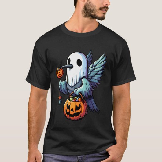 ハロウィンのハチドリの幽霊のお菓子入れ Tシャツ (正面)