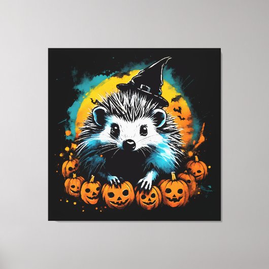 ハロウィンのハリネズミとかぼちゃが可愛い キャンバスプリント (正面)