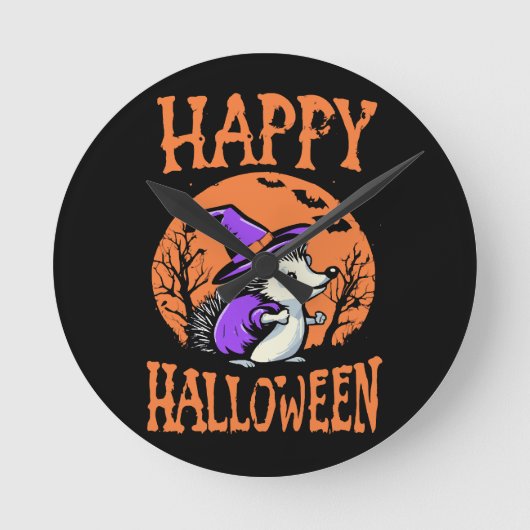 ハロウィンのハリネズミと魔女 ラウンド壁時計 (正面)