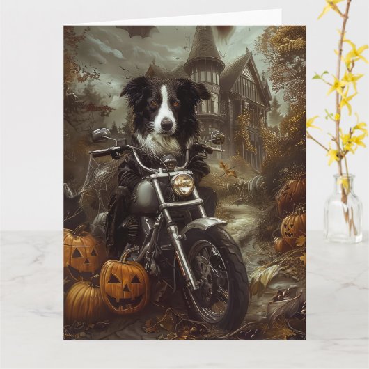 ハロウィンのバイクに乗るボーダーコリー カード (黄色い花)