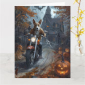ハロウィンのバセンジー バイクに乗る 怖い カード (黄色い花)