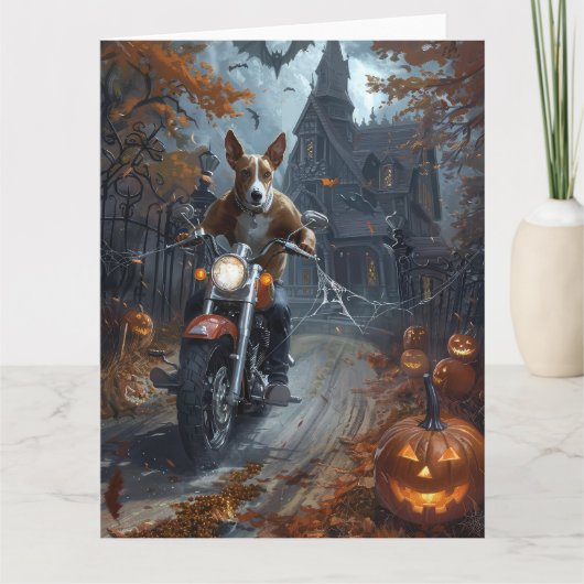ハロウィンのバセンジー バイクに乗る 怖い カード (正面)