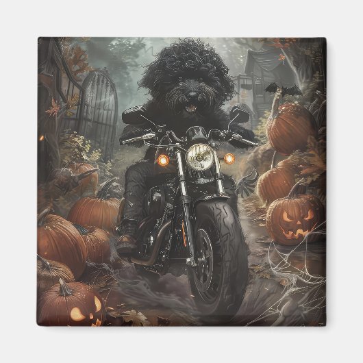 ハロウィンのバーニドゥードルバイクに乗る怖い犬 マグネット (正面)