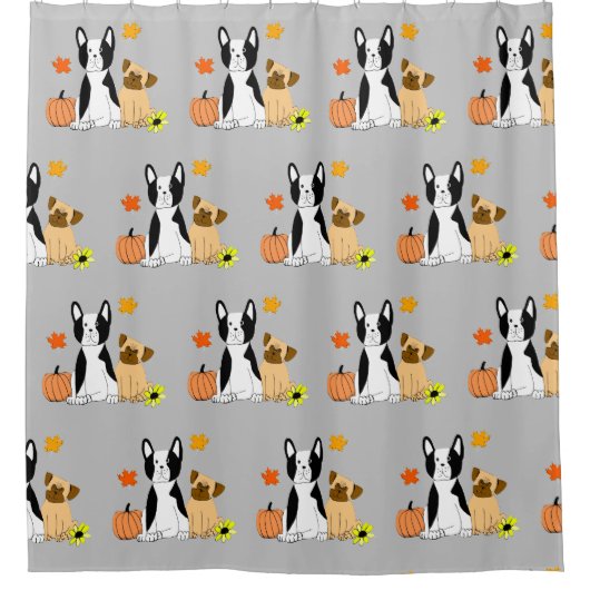 ハロウィンのパグおよびボストンテリアのシャワー・カーテン シャワーカーテン (正面)