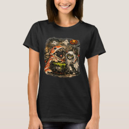 ハロウィンのパグと猫のホーンテッドキッチン Tシャツ