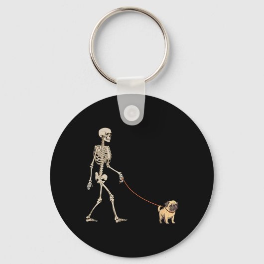 ハロウィンのパグの犬の散歩の面白いスケルトン キーホルダー (正面)