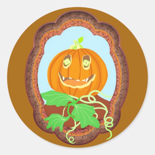 ハロウィンのパンプキンが微笑む、不気味でお茶目なデザイン ラウンドシール (正面)