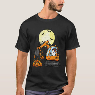 ハロウィンのパンプキンを掘るショベルカー かわいいオバケ Tシャツ