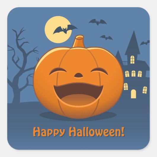 ハロウィンのパンプキンカスタムテキスト 笑顔 スクエアシール (正面)
