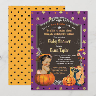 ハロウィンのパンプキン ベビーシャワー 紫 金 招待状